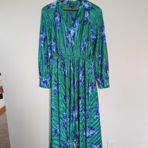 Vibrant Green and Blue Floral Long Sleeve Dress